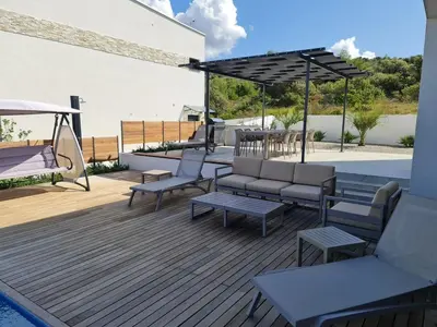 Tlocrt objekta Villa Ramarin 1 with heated pool, jacuzzi and sauna by the sea in Rogoznica